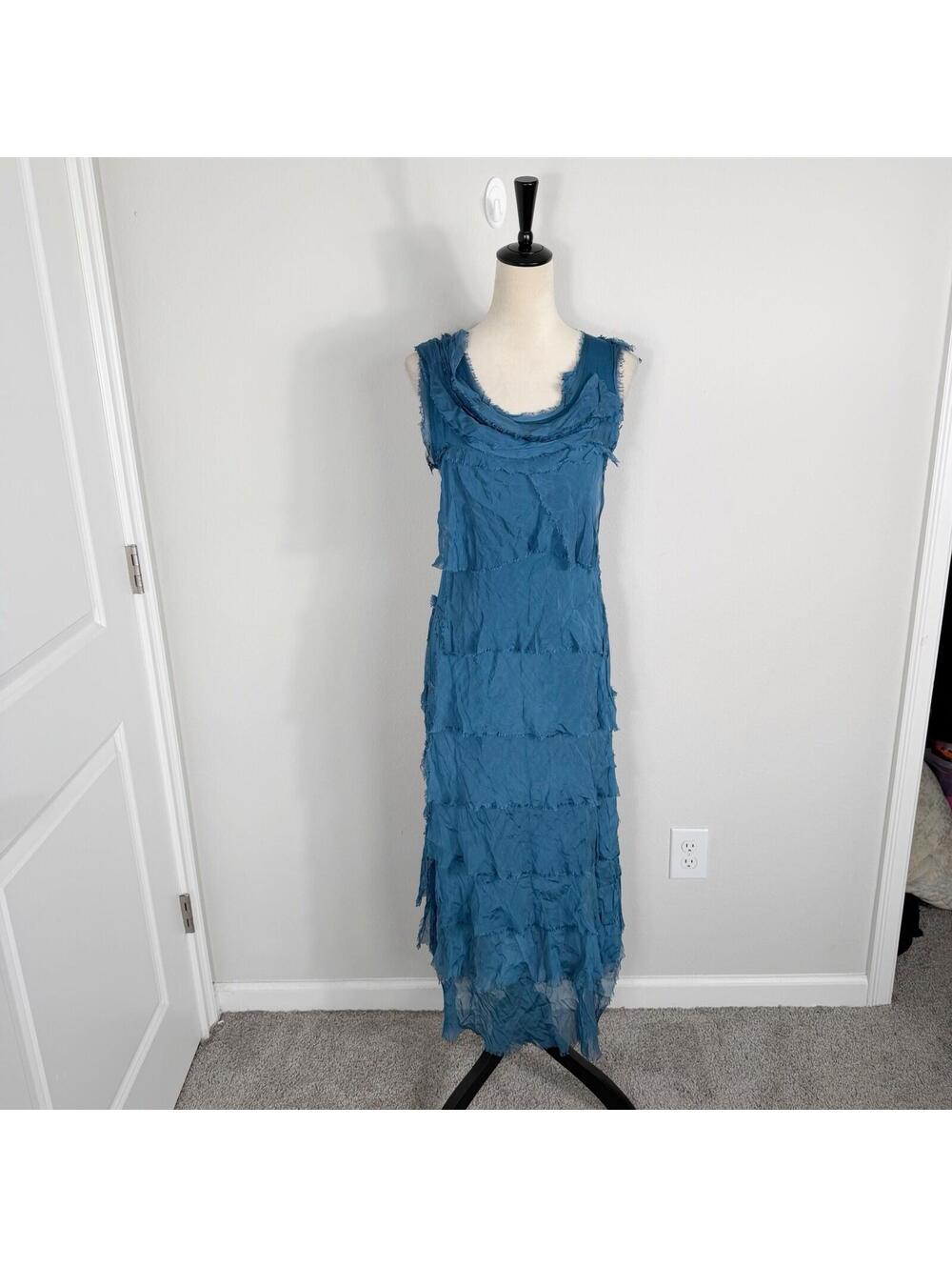 Made Italy Silk Sheer Tiered Maxi Dress Cascade Ruffles Quiet Luxury O/S Blue